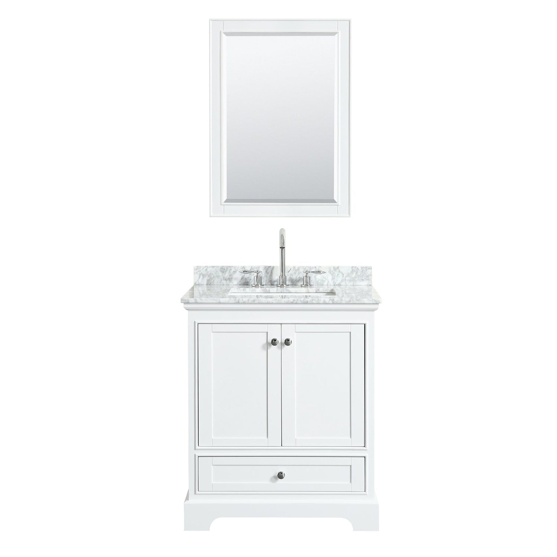 Wyndham Collection Deborah 30" Single Bathroom Vanity in White, White Carrara Marble Countertop, Undermount Square Sink, and 24" Mirror