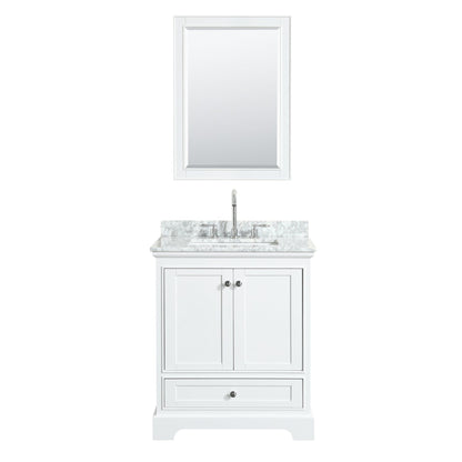 Wyndham Collection Deborah 30" Single Bathroom Vanity in White, White Carrara Marble Countertop, Undermount Square Sink, and 24" Mirror