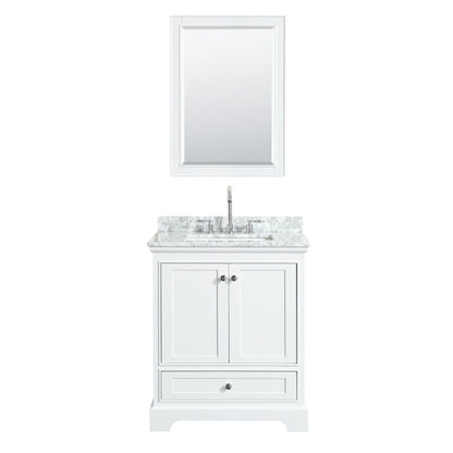 Wyndham Collection Deborah 30" Single Bathroom Vanity in White, White Carrara Marble Countertop, Undermount Square Sink, and Medicine Cabinet