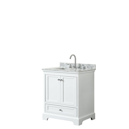 Wyndham Collection Deborah 30" Single Bathroom Vanity in White, White Carrara Marble Countertop, Undermount Square Sink, and No Mirror