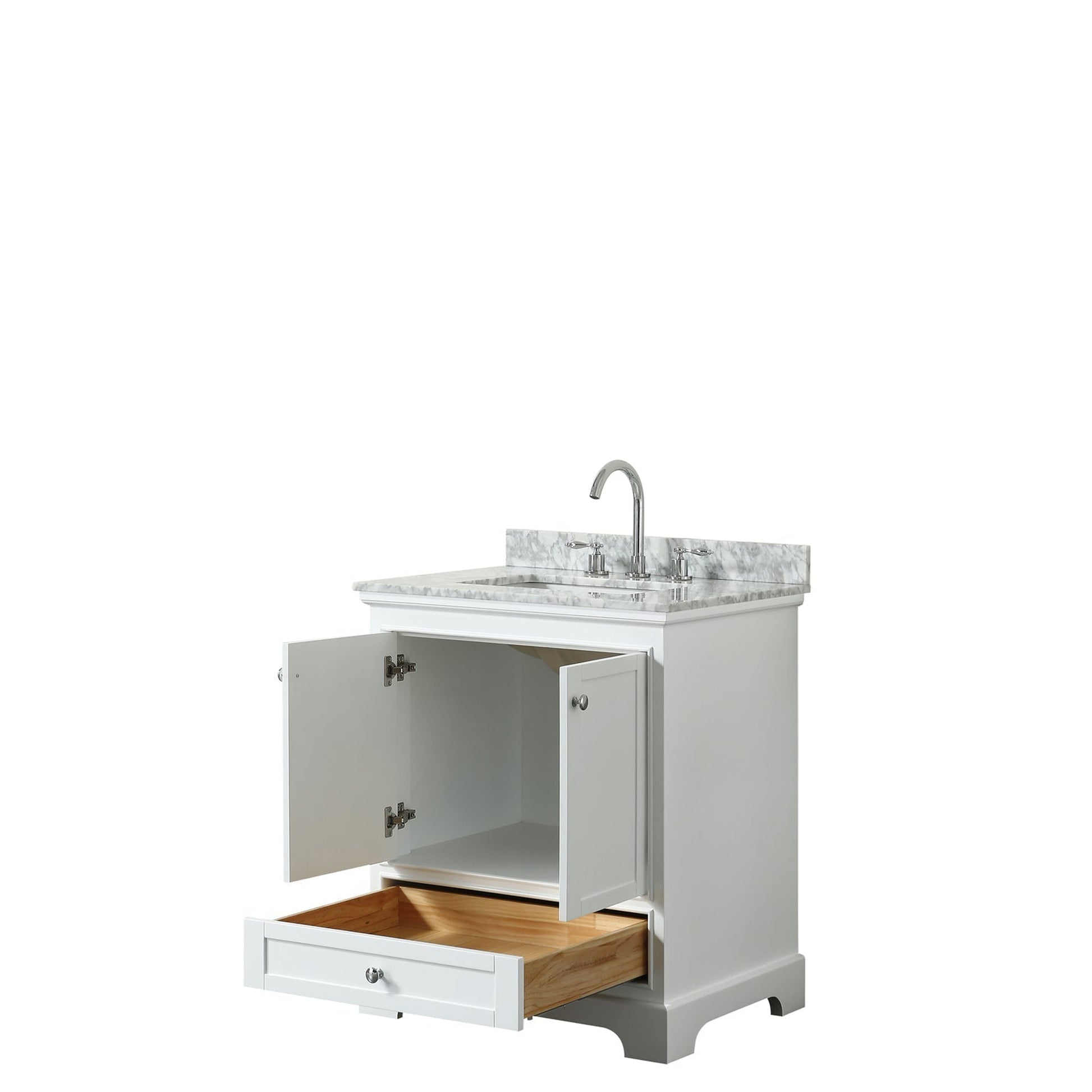 Wyndham Collection Deborah 30" Single Bathroom Vanity in White, White Carrara Marble Countertop, Undermount Square Sink, and No Mirror