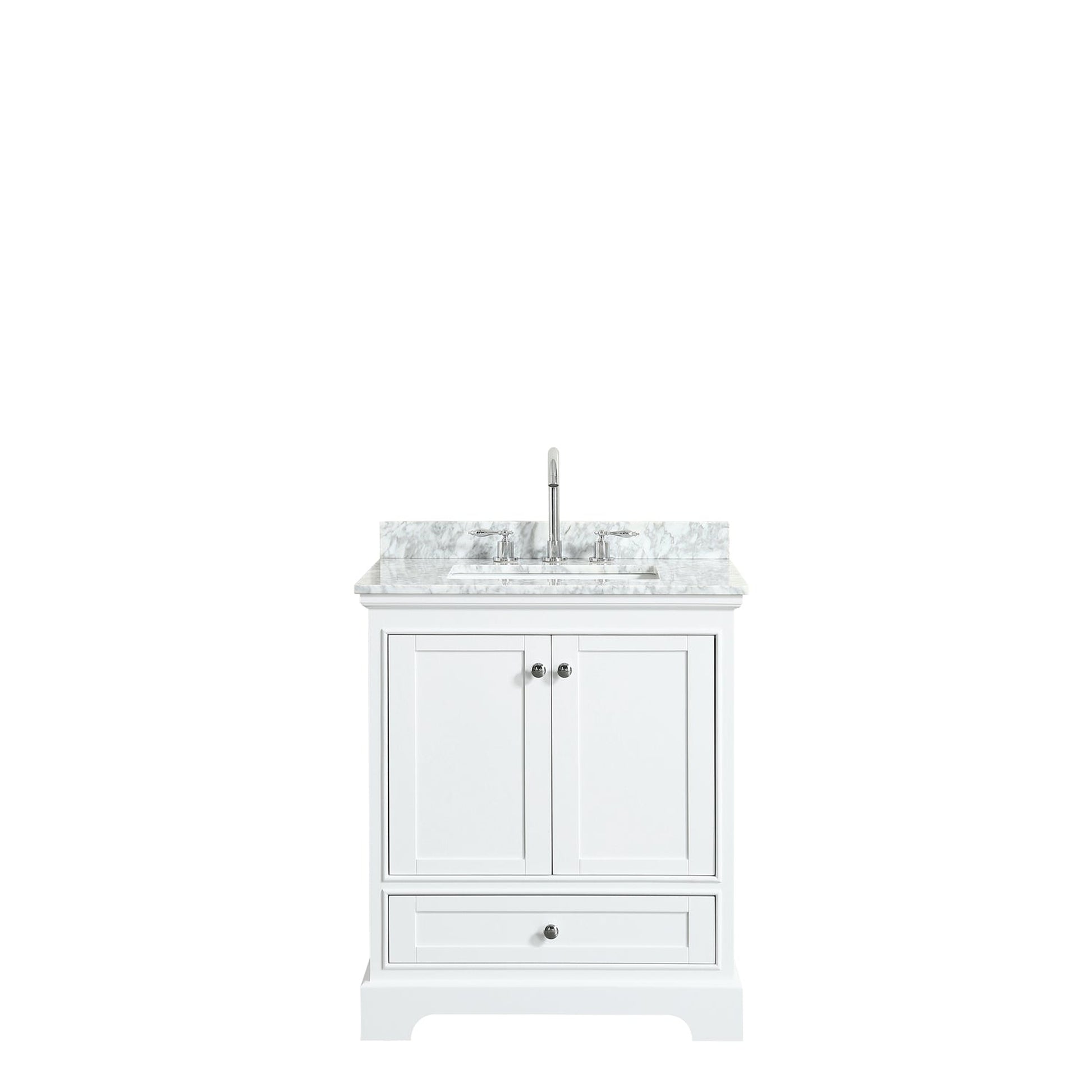 Wyndham Collection Deborah 30" Single Bathroom Vanity in White, White Carrara Marble Countertop, Undermount Square Sink, and No Mirror