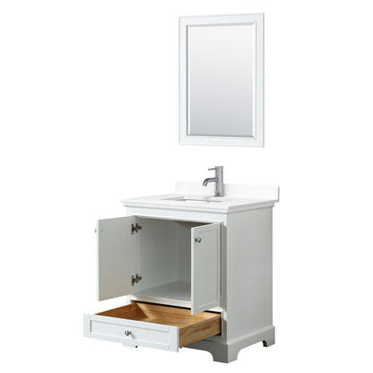 Wyndham Collection Deborah 30" Single Bathroom Vanity in White, White Cultured Marble Countertop, Undermount Square Sink, 24" Mirror