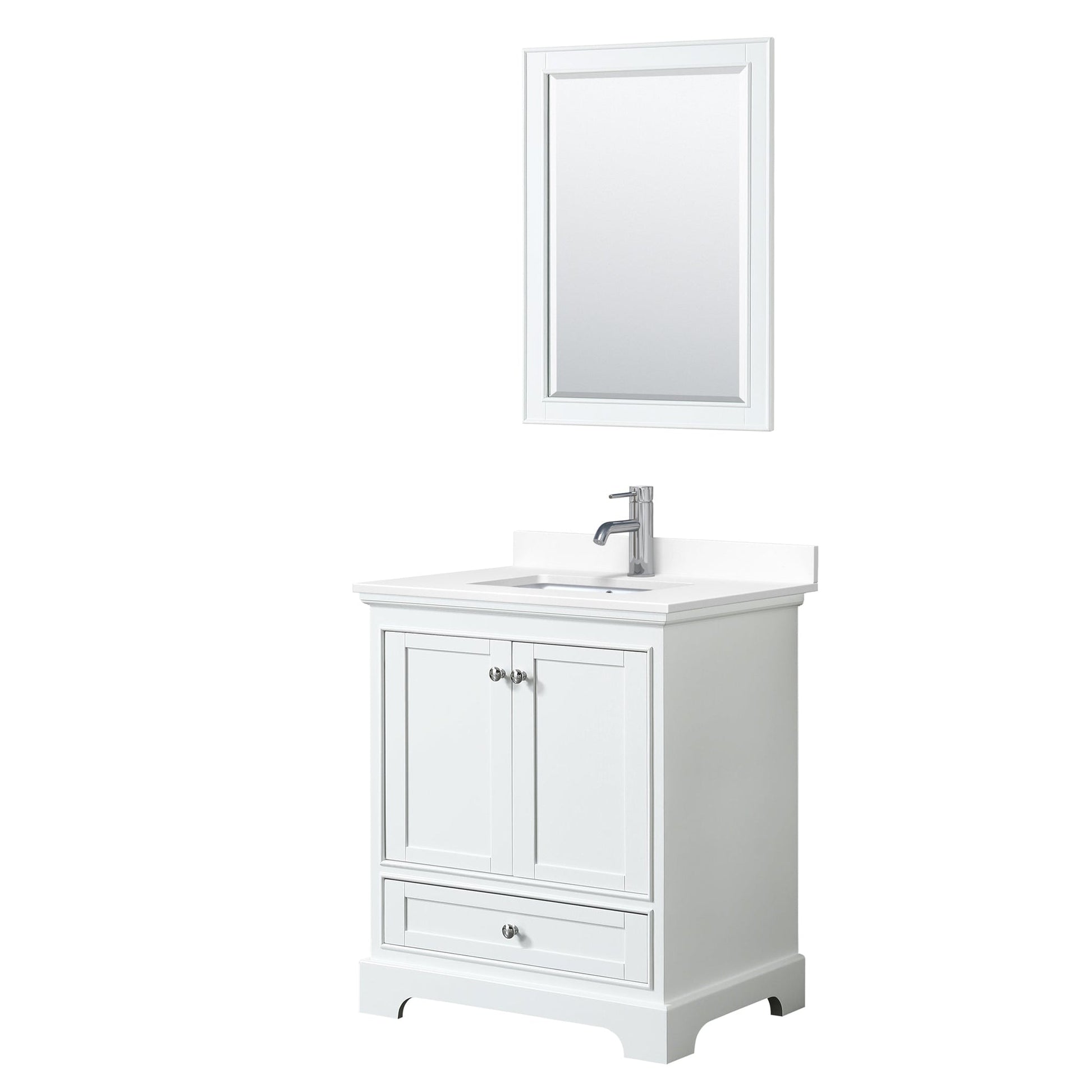 Wyndham Collection Deborah 30" Single Bathroom Vanity in White, White Cultured Marble Countertop, Undermount Square Sink, 24" Mirror