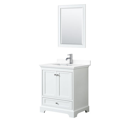 Wyndham Collection Deborah 30" Single Bathroom Vanity in White, White Cultured Marble Countertop, Undermount Square Sink, 24" Mirror