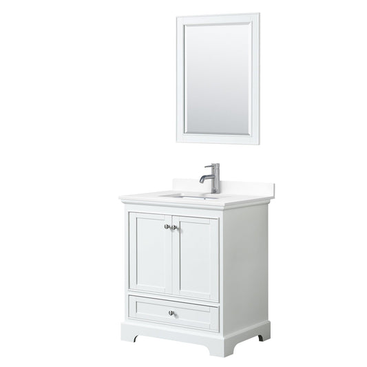 Wyndham Collection Deborah 30" Single Bathroom Vanity in White, White Cultured Marble Countertop, Undermount Square Sink, 24" Mirror