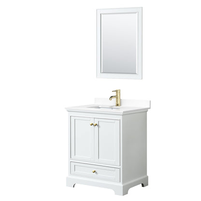 Wyndham Collection Deborah 30" Single Bathroom Vanity in White, White Cultured Marble Countertop, Undermount Square Sink, Brushed Gold Trim, 24" Mirror