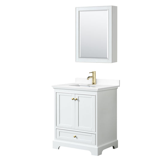 Wyndham Collection Deborah 30" Single Bathroom Vanity in White, White Cultured Marble Countertop, Undermount Square Sink, Brushed Gold Trim, Medicine Cabinet