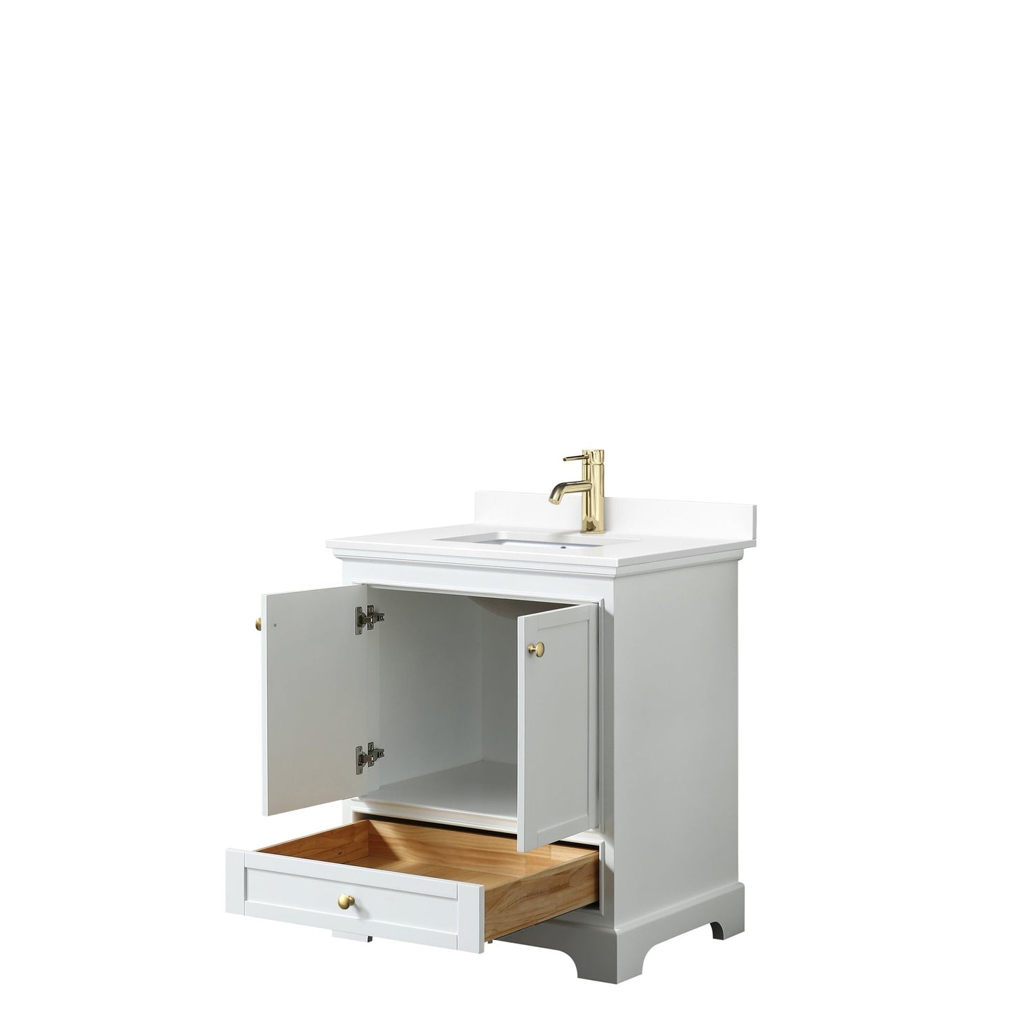 Wyndham Collection Deborah 30" Single Bathroom Vanity in White, White Cultured Marble Countertop, Undermount Square Sink, Brushed Gold Trim, No Mirror
