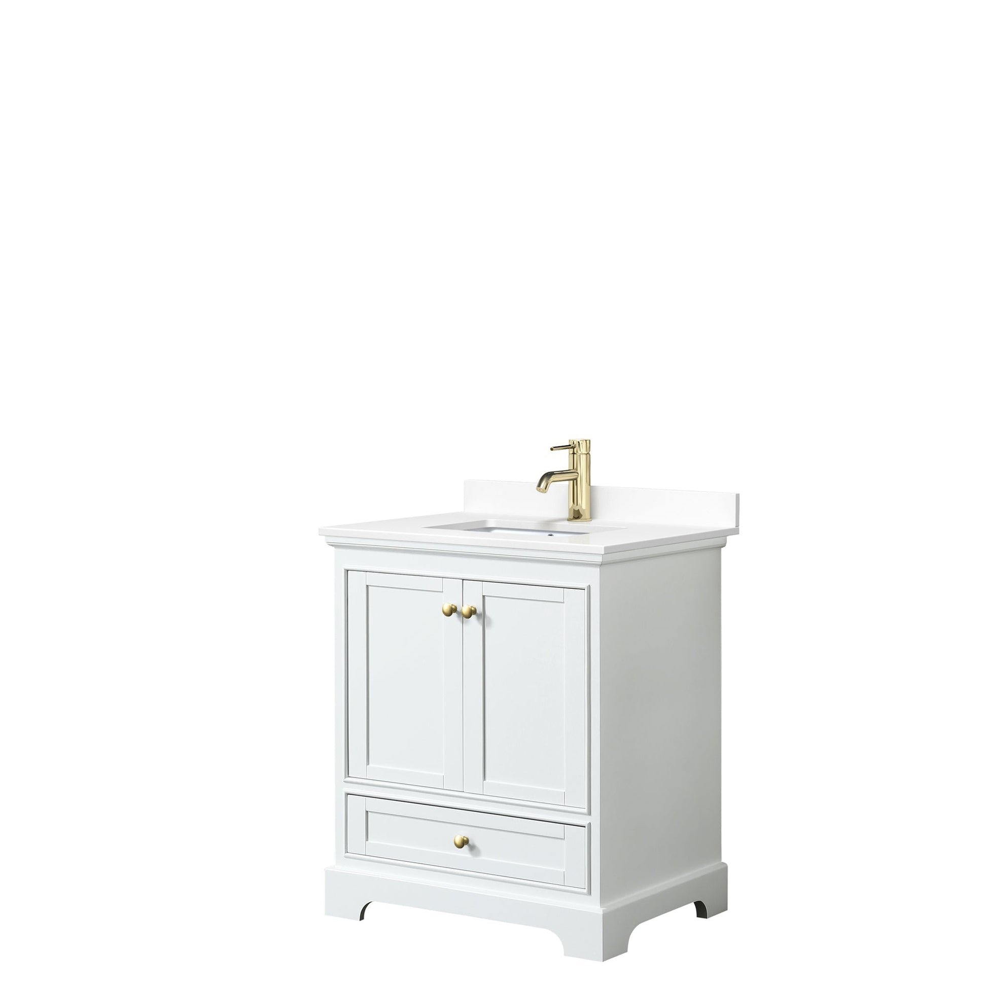 Wyndham Collection Deborah 30" Single Bathroom Vanity in White, White Cultured Marble Countertop, Undermount Square Sink, Brushed Gold Trim, No Mirror
