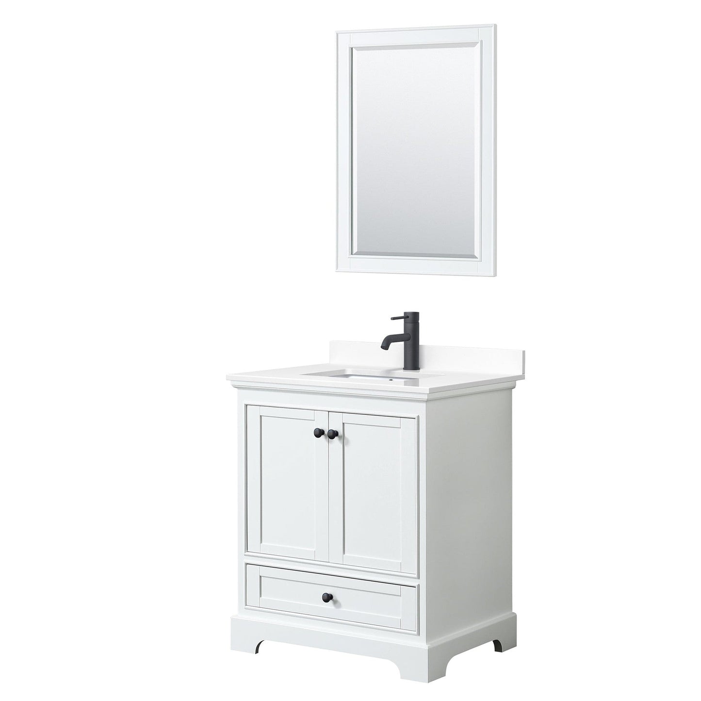 Wyndham Collection Deborah 30" Single Bathroom Vanity in White, White Cultured Marble Countertop, Undermount Square Sink, Matte Black Trim, 24" Mirror