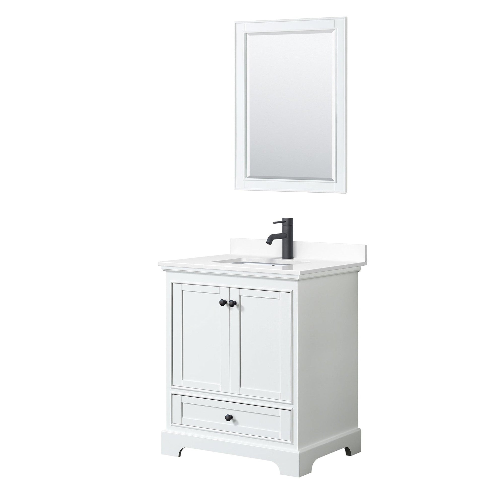 Wyndham Collection Deborah 30" Single Bathroom Vanity in White, White Cultured Marble Countertop, Undermount Square Sink, Matte Black Trim, 24" Mirror