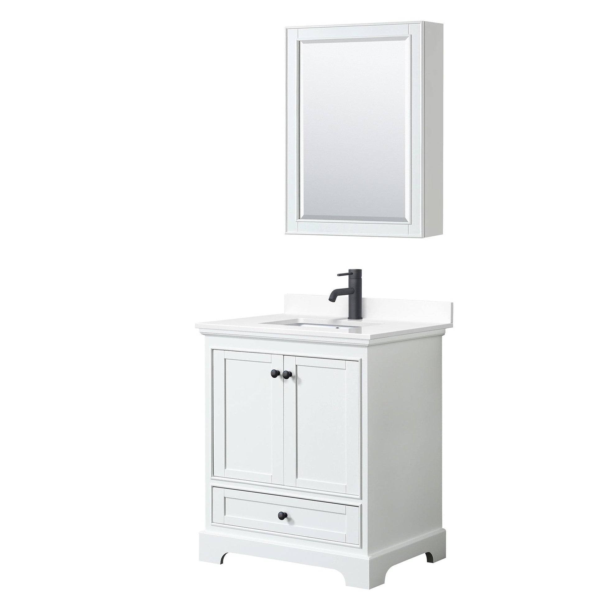 Wyndham Collection Deborah 30" Single Bathroom Vanity in White, White Cultured Marble Countertop, Undermount Square Sink, Matte Black Trim, Medicine Cabinet