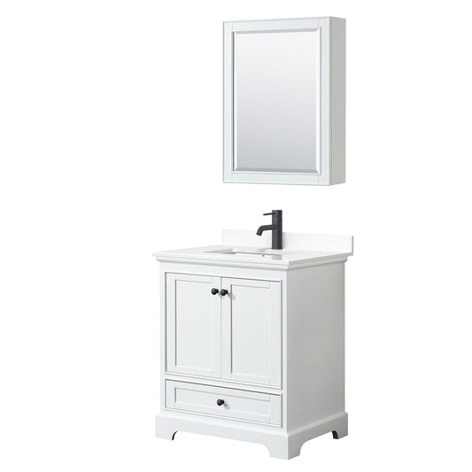 Wyndham Collection Deborah 30" Single Bathroom Vanity in White, White Cultured Marble Countertop, Undermount Square Sink, Matte Black Trim, Medicine Cabinet