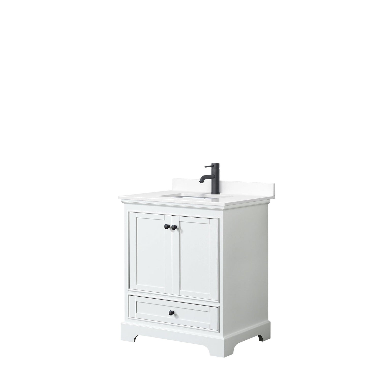 Wyndham Collection Deborah 30" Single Bathroom Vanity in White, White Cultured Marble Countertop, Undermount Square Sink, Matte Black Trim