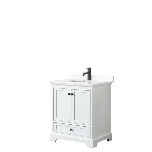 Wyndham Collection Deborah 30" Single Bathroom Vanity in White, White Cultured Marble Countertop, Undermount Square Sink, Matte Black Trim