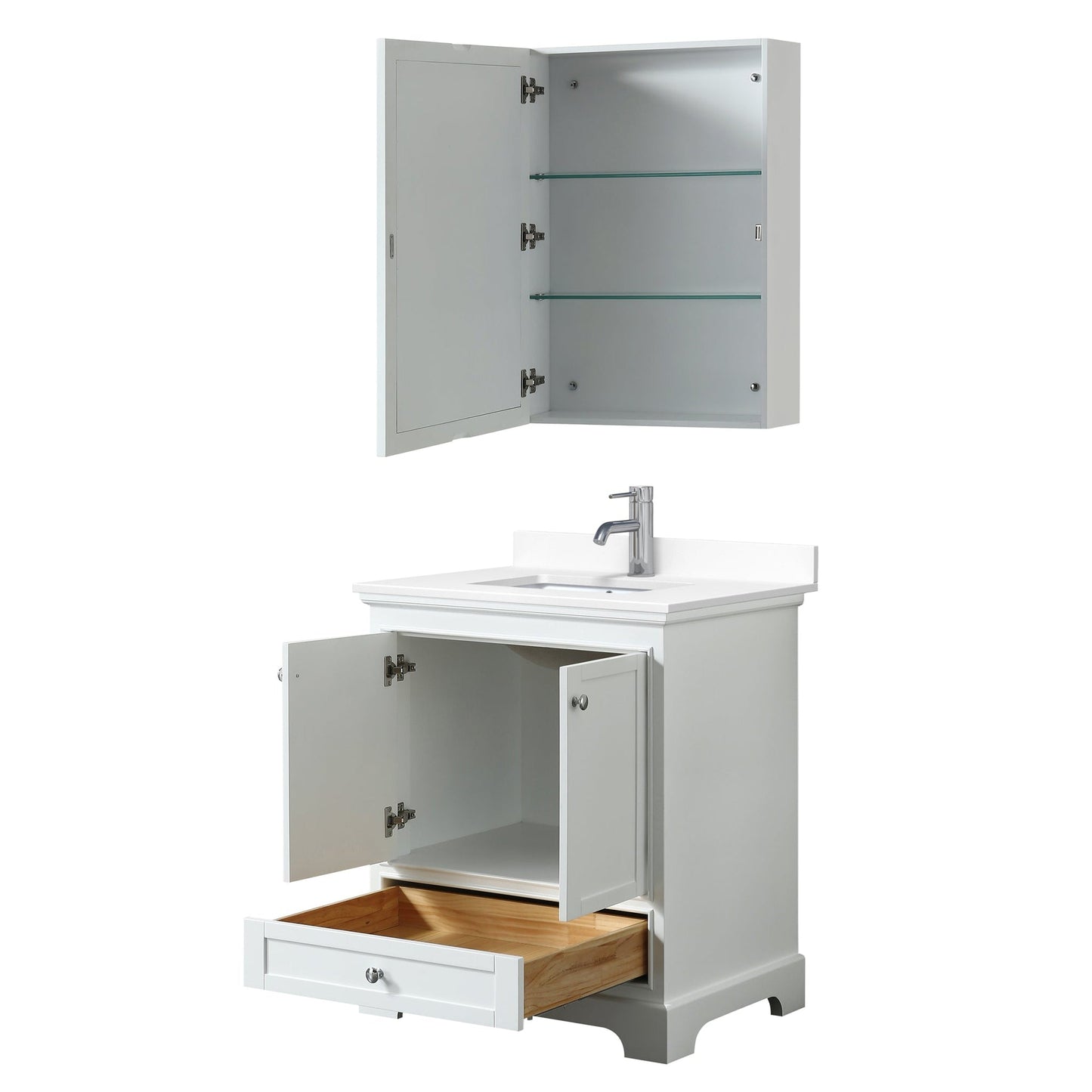 Wyndham Collection Deborah 30" Single Bathroom Vanity in White, White Cultured Marble Countertop, Undermount Square Sink, Medicine Cabinet