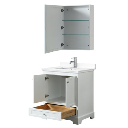 Wyndham Collection Deborah 30" Single Bathroom Vanity in White, White Cultured Marble Countertop, Undermount Square Sink, Medicine Cabinet