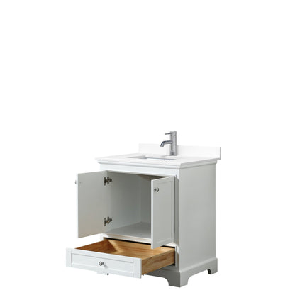 Wyndham Collection Deborah 30" Single Bathroom Vanity in White, White Cultured Marble Countertop, Undermount Square Sink, No Mirror