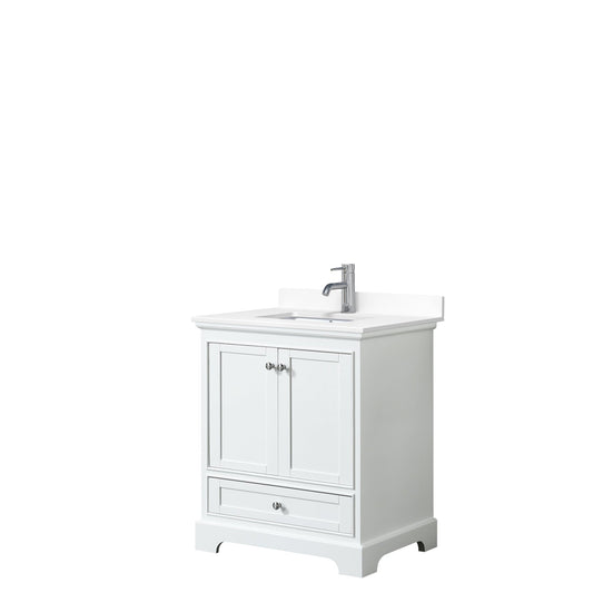 Wyndham Collection Deborah 30" Single Bathroom Vanity in White, White Cultured Marble Countertop, Undermount Square Sink, No Mirror