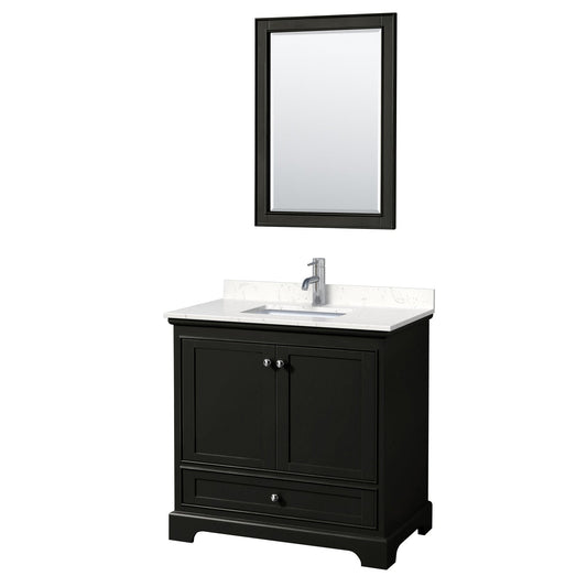 Wyndham Collection Deborah 36" Single Bathroom Vanity in Dark Espresso, Light-Vein Carrara Cultured Marble Countertop, Undermount Square Sink, 24" Mirror