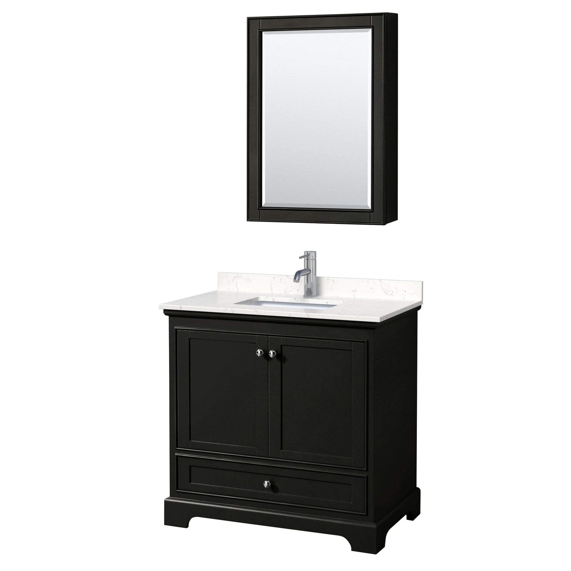 Wyndham Collection Deborah 36" Single Bathroom Vanity in Dark Espresso, Light-Vein Carrara Cultured Marble Countertop, Undermount Square Sink, Medicine Cabinet