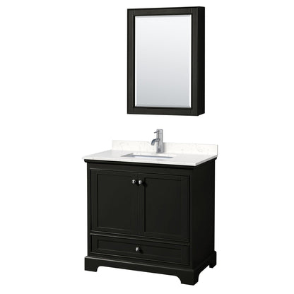 Wyndham Collection Deborah 36" Single Bathroom Vanity in Dark Espresso, Light-Vein Carrara Cultured Marble Countertop, Undermount Square Sink, Medicine Cabinet