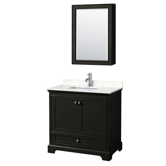 Wyndham Collection Deborah 36" Single Bathroom Vanity in Dark Espresso, Light-Vein Carrara Cultured Marble Countertop, Undermount Square Sink, Medicine Cabinet