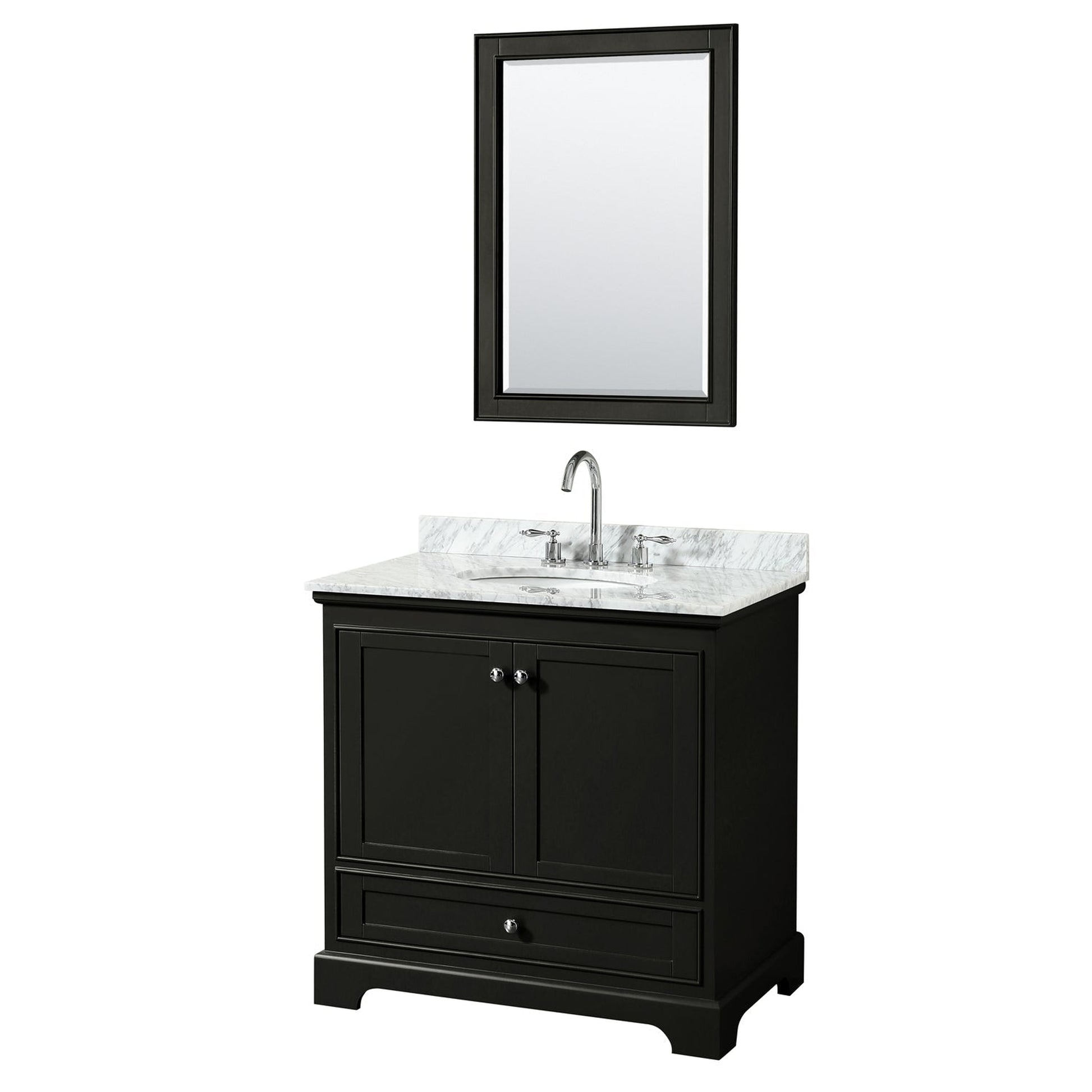 Wyndham Collection Deborah 36" Single Bathroom Vanity in Dark Espresso, White Carrara Marble Countertop, Undermount Oval Sink, and 24" Mirror
