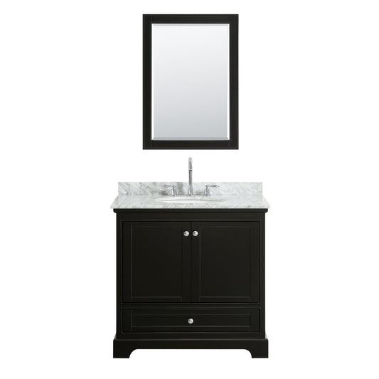 Wyndham Collection Deborah 36" Single Bathroom Vanity in Dark Espresso, White Carrara Marble Countertop, Undermount Oval Sink, and 24" Mirror