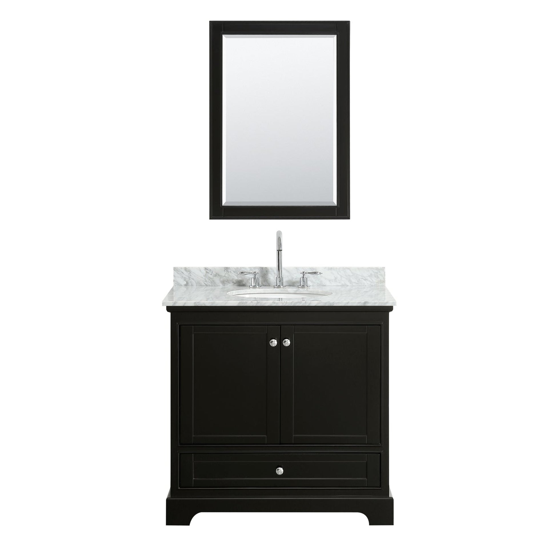 Wyndham Collection Deborah 36" Single Bathroom Vanity in Dark Espresso, White Carrara Marble Countertop, Undermount Oval Sink, and Medicine Cabinet
