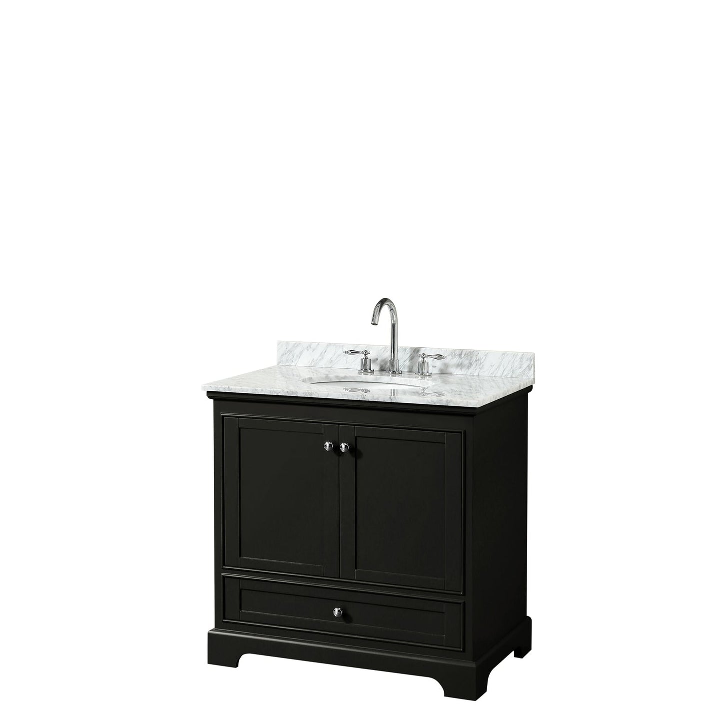 Wyndham Collection Deborah 36" Single Bathroom Vanity in Dark Espresso, White Carrara Marble Countertop, Undermount Oval Sink, and No Mirror