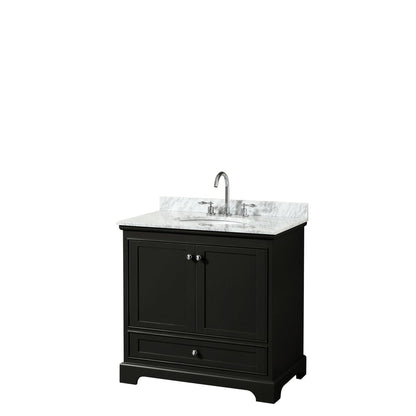 Wyndham Collection Deborah 36" Single Bathroom Vanity in Dark Espresso, White Carrara Marble Countertop, Undermount Oval Sink, and No Mirror