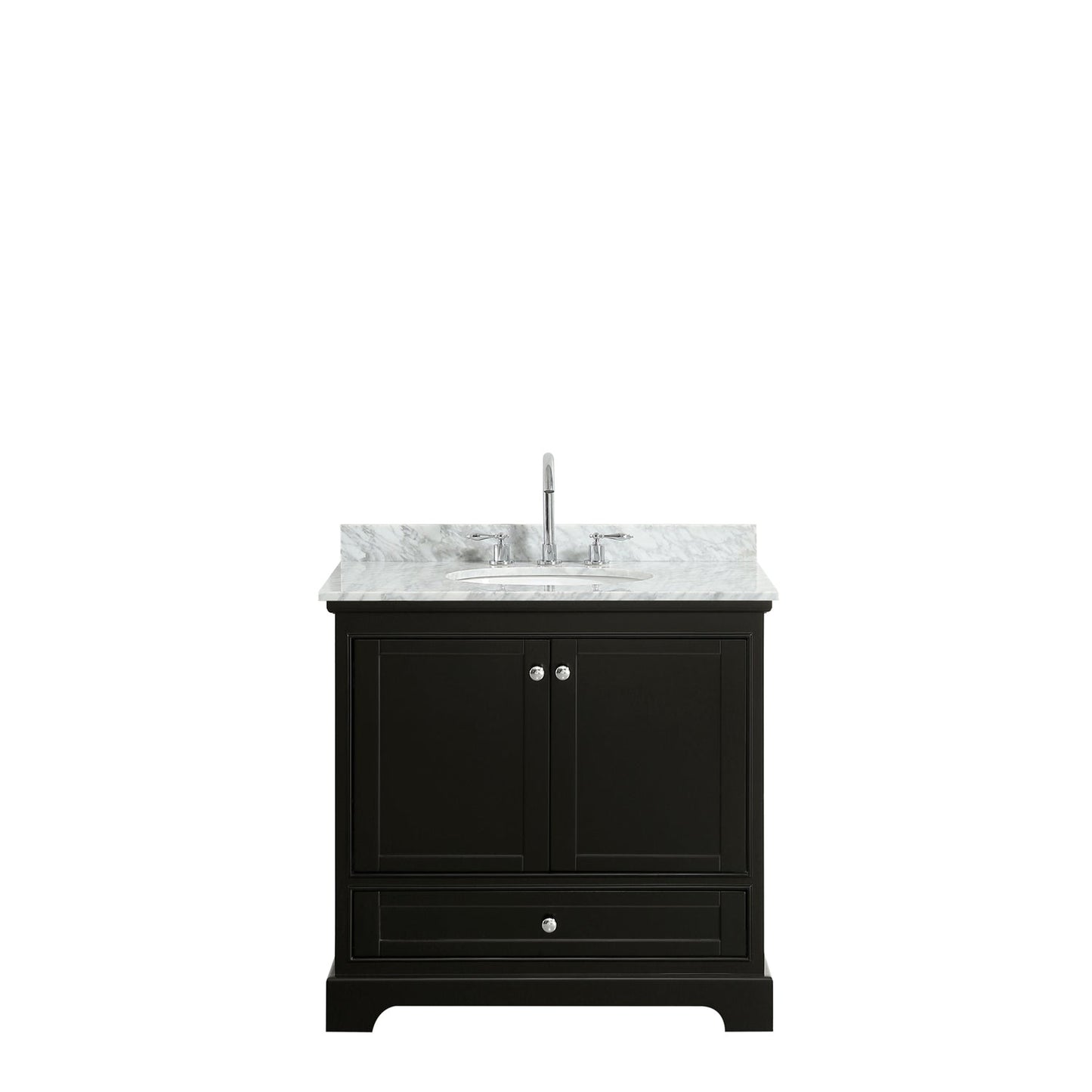 Wyndham Collection Deborah 36" Single Bathroom Vanity in Dark Espresso, White Carrara Marble Countertop, Undermount Oval Sink, and No Mirror
