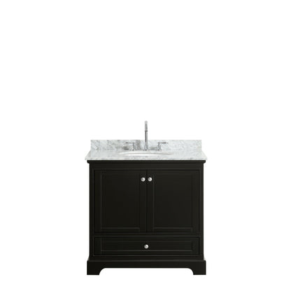 Wyndham Collection Deborah 36" Single Bathroom Vanity in Dark Espresso, White Carrara Marble Countertop, Undermount Oval Sink, and No Mirror