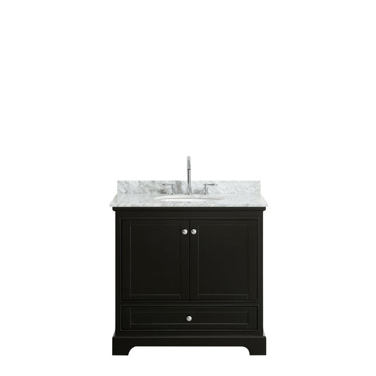 Wyndham Collection Deborah 36" Single Bathroom Vanity in Dark Espresso, White Carrara Marble Countertop, Undermount Oval Sink, and No Mirror