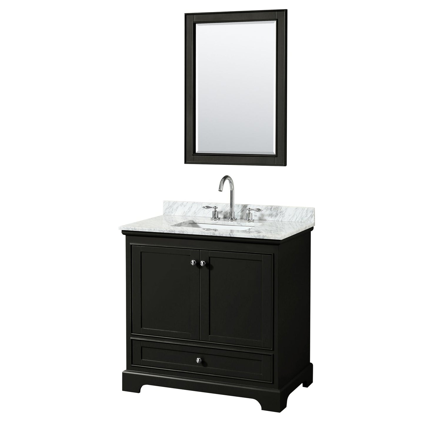 Wyndham Collection Deborah 36" Single Bathroom Vanity in Dark Espresso, White Carrara Marble Countertop, Undermount Square Sink, and 24" Mirror