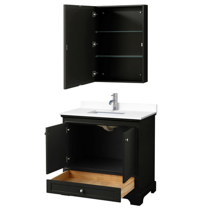 Wyndham Collection Deborah 36" Single Bathroom Vanity in Dark Espresso, White Cultured Marble Countertop, Undermount Square Sink, Medicine Cabinet