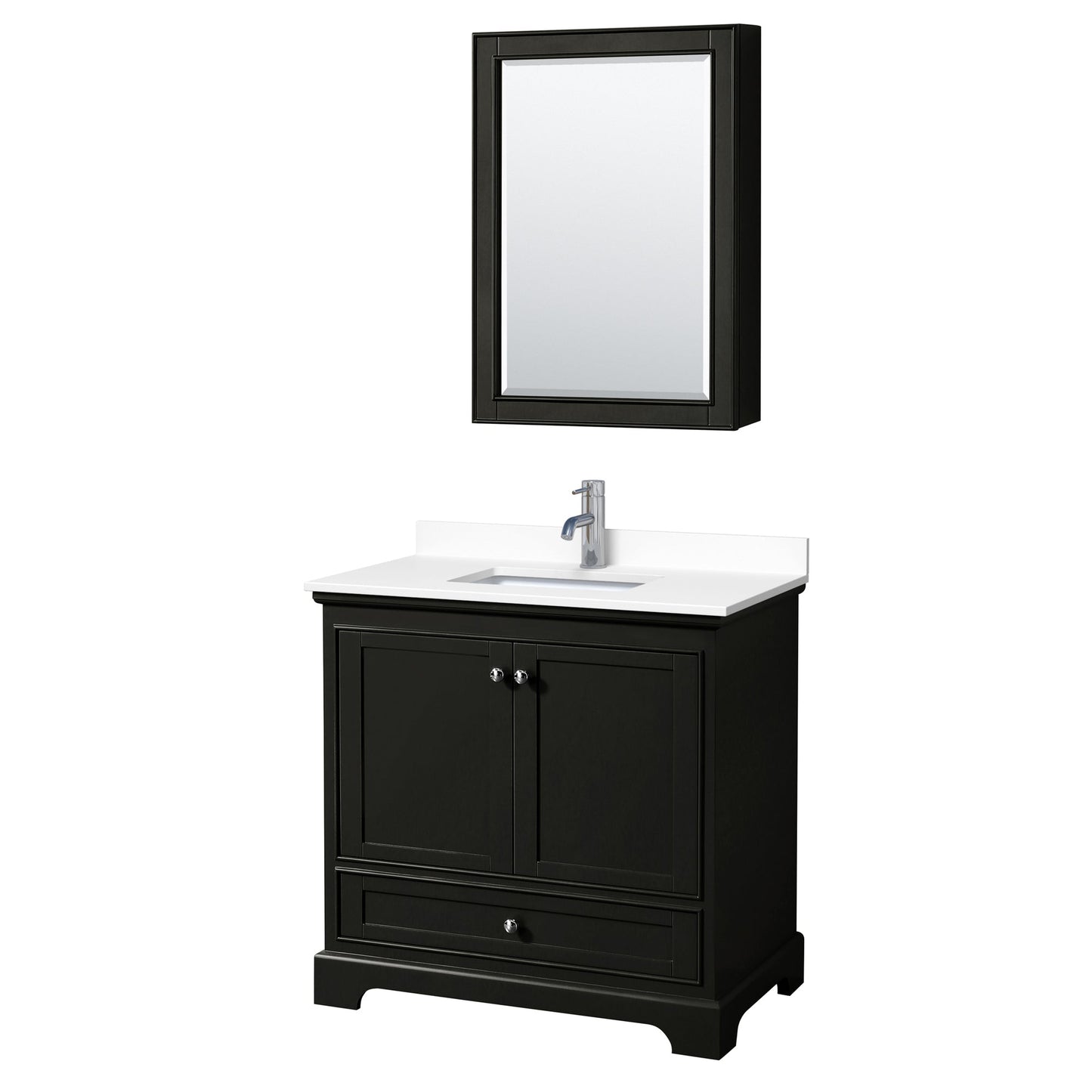 Wyndham Collection Deborah 36" Single Bathroom Vanity in Dark Espresso, White Cultured Marble Countertop, Undermount Square Sink, Medicine Cabinet