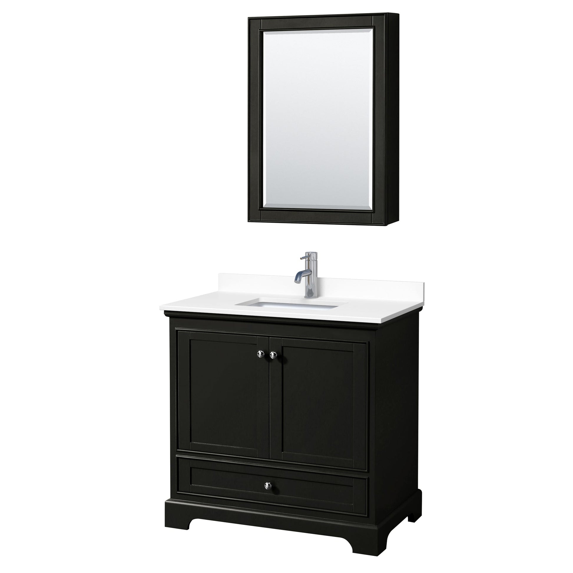 Wyndham Collection Deborah 36" Single Bathroom Vanity in Dark Espresso, White Cultured Marble Countertop, Undermount Square Sink, Medicine Cabinet