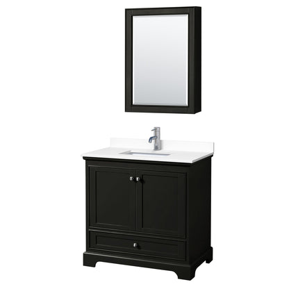 Wyndham Collection Deborah 36" Single Bathroom Vanity in Dark Espresso, White Cultured Marble Countertop, Undermount Square Sink, Medicine Cabinet