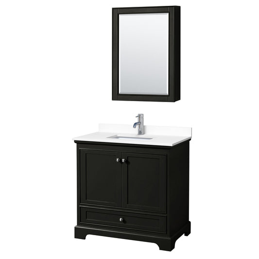 Wyndham Collection Deborah 36" Single Bathroom Vanity in Dark Espresso, White Cultured Marble Countertop, Undermount Square Sink, Medicine Cabinet