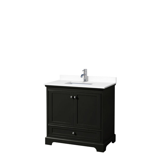 Wyndham Collection Deborah 36" Single Bathroom Vanity in Dark Espresso, White Cultured Marble Countertop, Undermount Square Sink, No Mirror