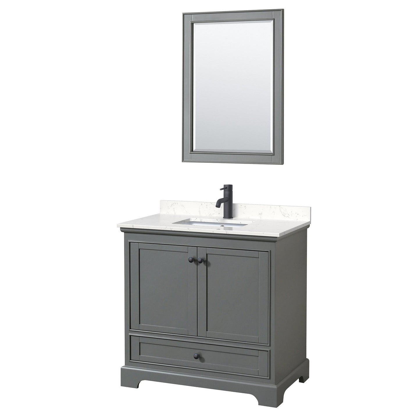 Wyndham Collection Deborah 36" Single Bathroom Vanity in Dark Gray, Carrara Cultured Marble Countertop, Undermount Square Sink, Matte Black Trim, 24" Mirror
