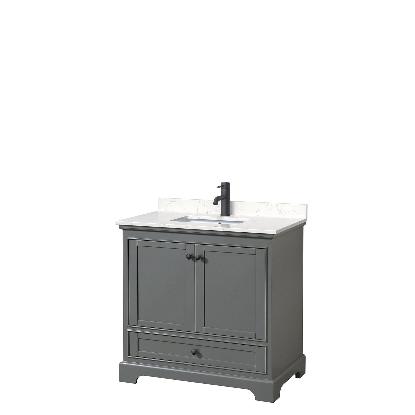 Wyndham Collection Deborah 36" Single Bathroom Vanity in Dark Gray, Carrara Cultured Marble Countertop, Undermount Square Sink, Matte Black Trim