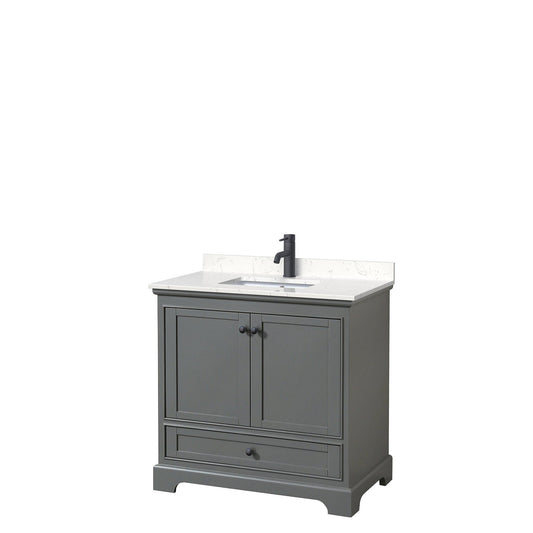 Wyndham Collection Deborah 36" Single Bathroom Vanity in Dark Gray, Carrara Cultured Marble Countertop, Undermount Square Sink, Matte Black Trim