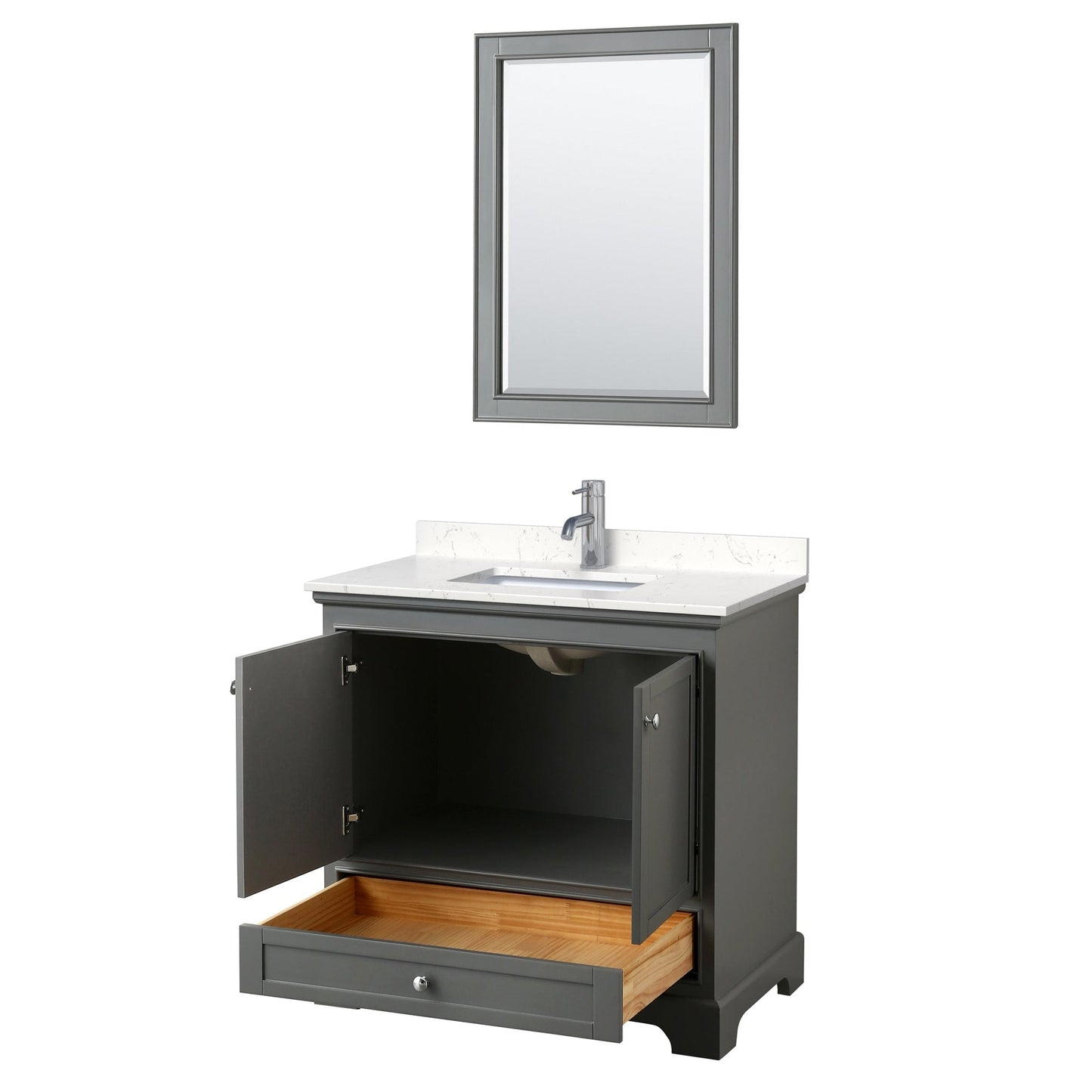 Wyndham Collection Deborah 36" Single Bathroom Vanity in Dark Gray, Light-Vein Carrara Cultured Marble Countertop, Undermount Square Sink, 24" Mirror