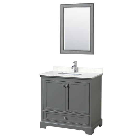 Wyndham Collection Deborah 36" Single Bathroom Vanity in Dark Gray, Light-Vein Carrara Cultured Marble Countertop, Undermount Square Sink, 24" Mirror