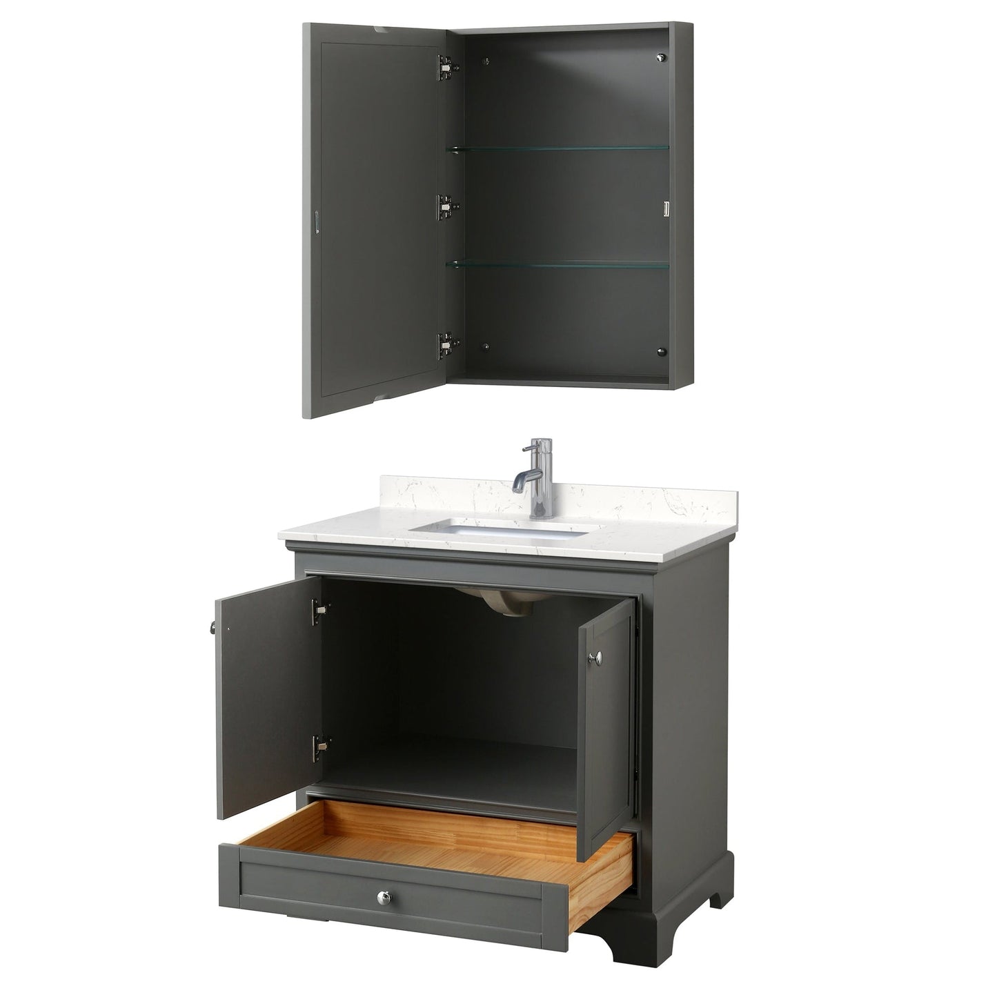 Wyndham Collection Deborah 36" Single Bathroom Vanity in Dark Gray, Light-Vein Carrara Cultured Marble Countertop, Undermount Square Sink, Medicine Cabinet