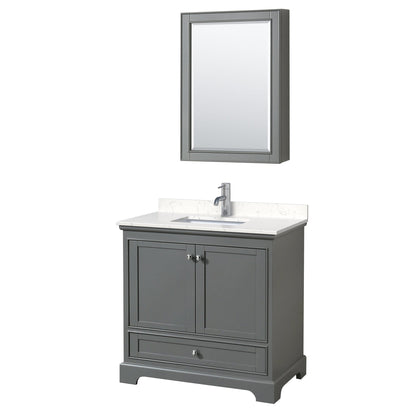 Wyndham Collection Deborah 36" Single Bathroom Vanity in Dark Gray, Light-Vein Carrara Cultured Marble Countertop, Undermount Square Sink, Medicine Cabinet